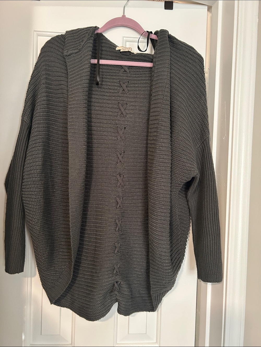 Rhapsody Olive Green Open-Front Hooded Knit Cardigan